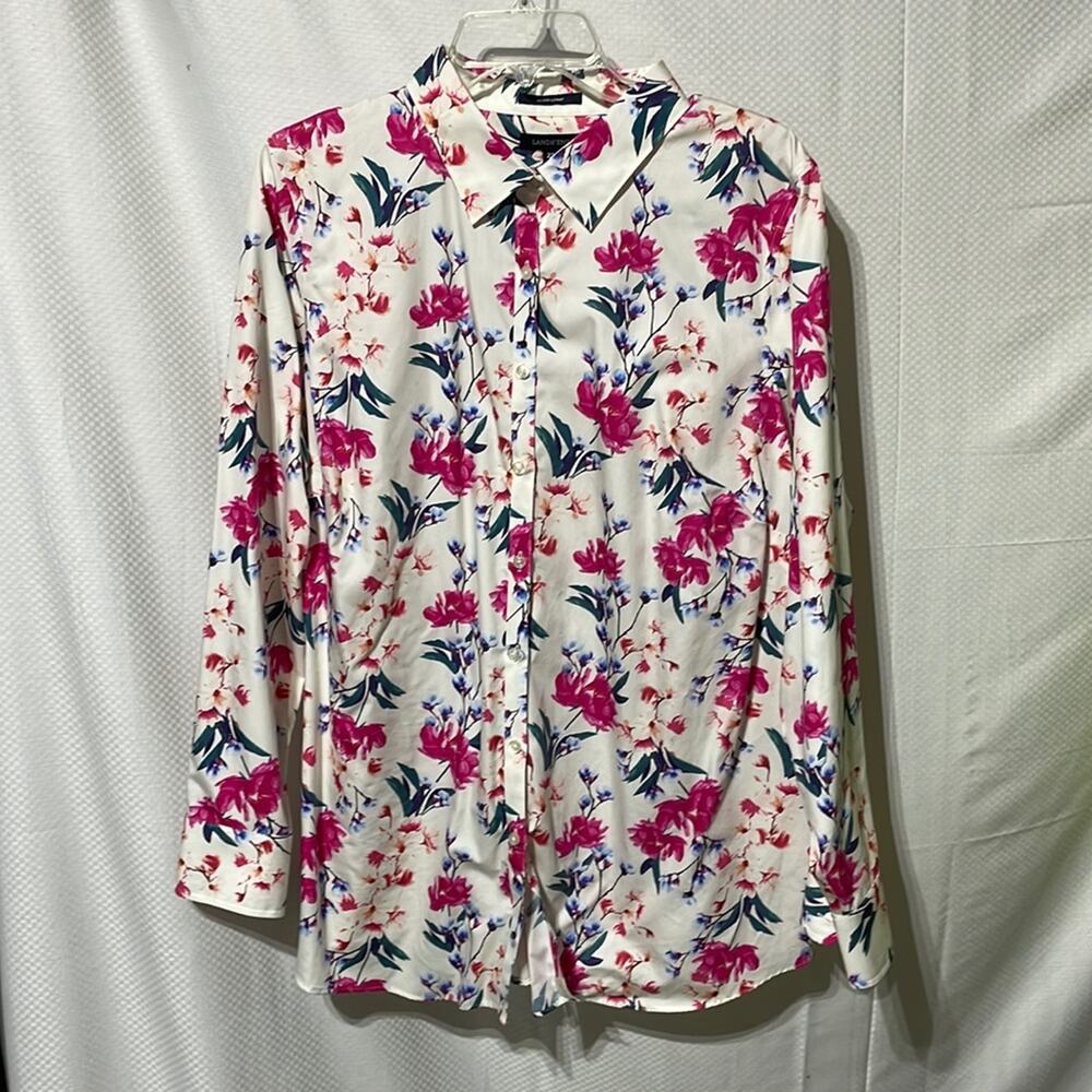 Lands End 22w cream hot pink floral 💯 pima cotton no iron button down blouse